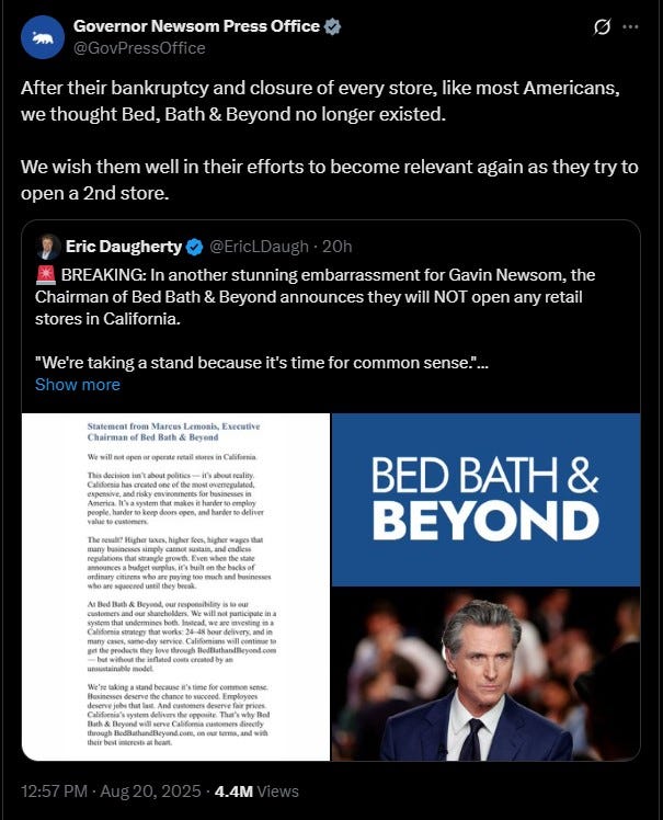 Revived under new ownership after filing for bankruptcy in 2023, Bed Bath & Beyond is rolling out its comeback - but not in California.