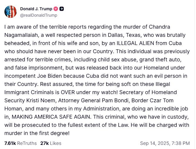 President Donald Trump responded publicly via Truth Social Sunday night, condemning the killing as “terrible” and declaring that “the time for being soft on these Illegal Immigrant Criminals is OVER under my watch.”