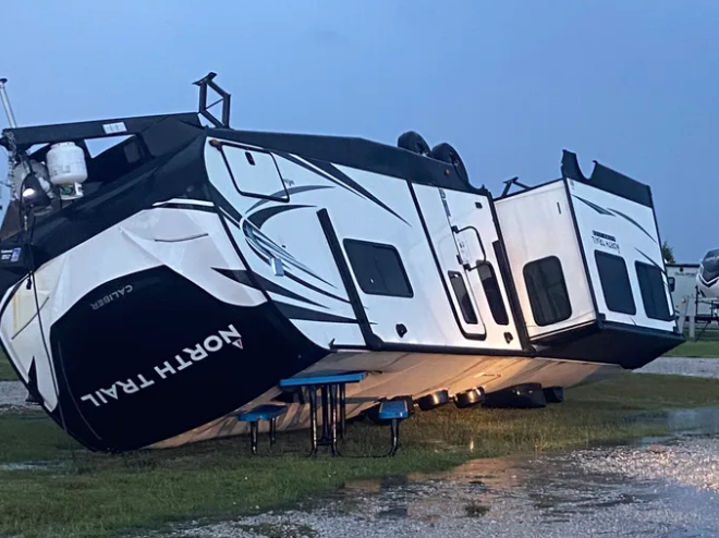 Severe storms that swept through North Texas overnight left behind major damage in Sanger, where overturned RVs and a battered distribution center marked the storm’s path.