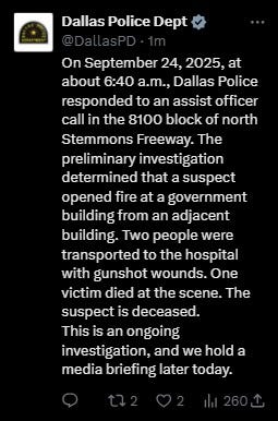 Three people are said to be wounded after gunfire erupts at a U.S. Immigration and Customs Enforcement office in Dallas this morning. Police say the shooting happened around 7 a.m. at the facility on 35E between Empire Central and Regal Row, and investigators are searching for a sniper or possibly multiple shooters. We're told a shooter has been found dead on an adjacent building.