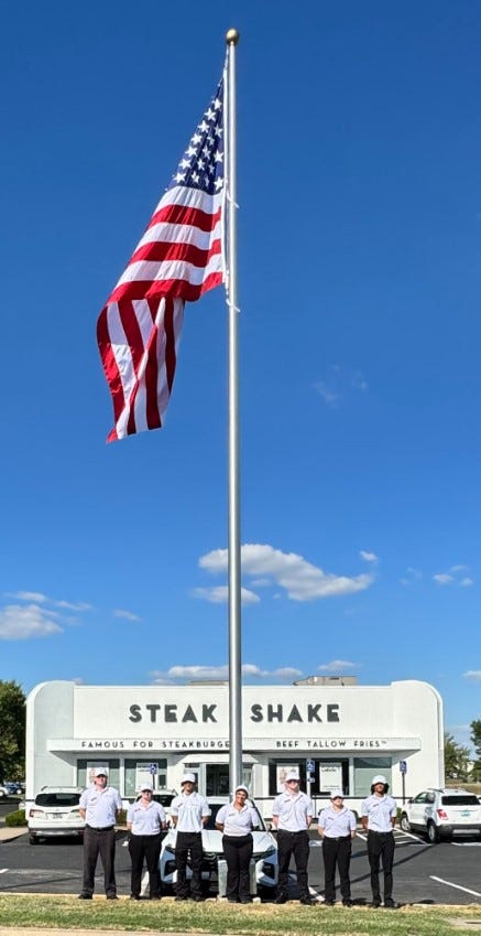 Steak n’ Shake is going big on patriotism. The restaurant chain says it will install the largest American flags allowed by local governments at every one of its locations across the country.