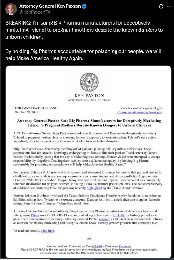 Texas Attorney General Ken Paxton is suing Johnson & Johnson and its spun-off consumer-products company Kenvue, claiming they deceptively marketed the over-the-counter painkiller Tylenol as safe for pregnant people despite concerns over links to autism.