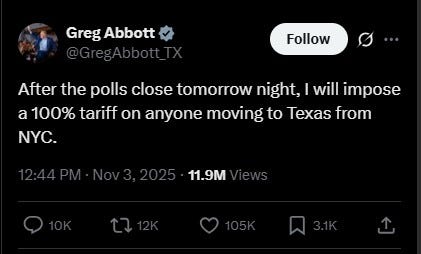 Governor Greg Abbott is raising eyebrows after posting on his official X account Monday night that he plans to impose a “100% tariff” on anyone moving to Texas from New York City once the polls close.
