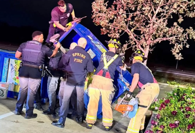 A man died early Monday after becoming stuck upside down in a clothing donation bin behind a shopping center in Spring, Texas, according to the Harris County Sheriff’s Office. 