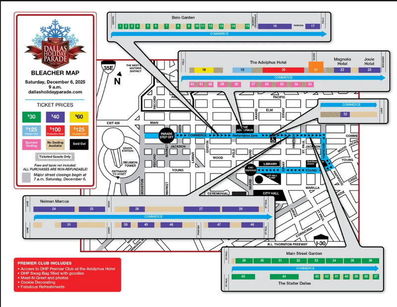 The Dallas Holiday Parade rolls through downtown Saturday morning, beginning at 9 a.m. at Commerce and Houston streets and drawing thousands of visitors to the city’s core. 