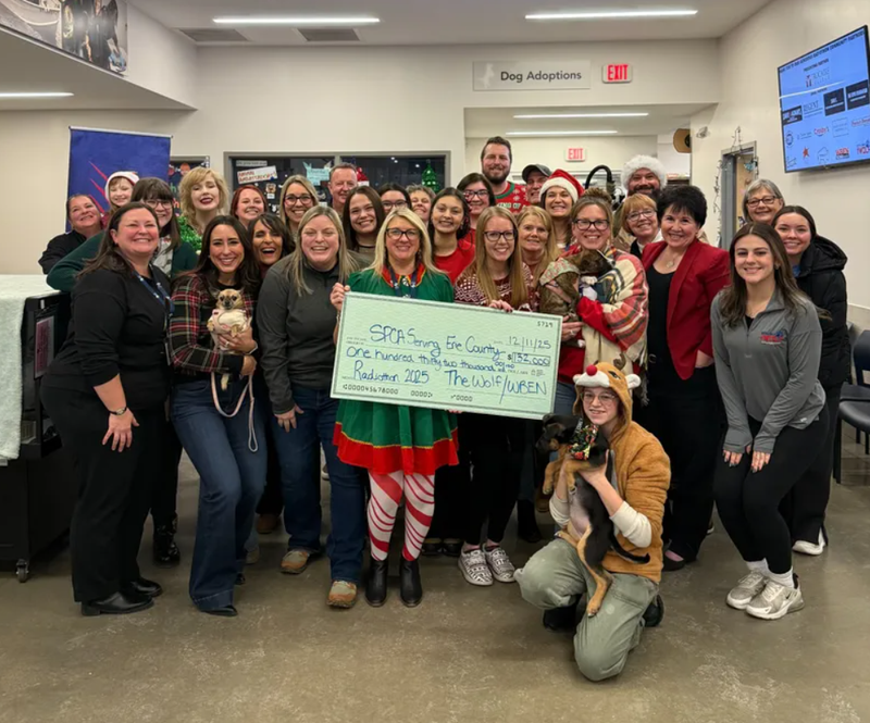 SPCA staff, volunteers and the teams from WBEN and 107.7 The Wolf celebrate the end of the 2025 Radiothon Photo credit SPCA Serving Erie County