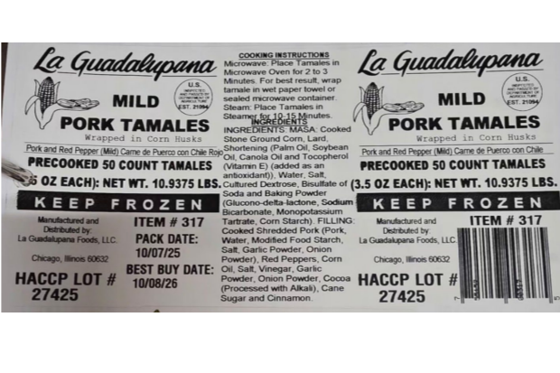 La Guadalupana Foods LLC of Chicago has recalled 2,669 pounds of frozen tamales because of misbranding and an unreported allergen.