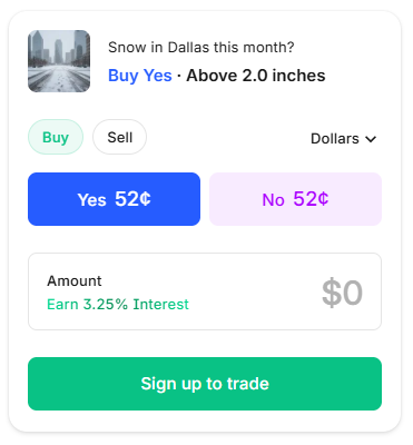 In the Kalshi “Dallas snowfall monthly” market, traders are wagering on thresholds of accumulation that will ultimately be determined by official reports from the National Weather Service once January ends.