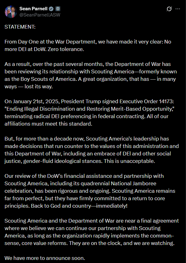 The U.S. Department of Defense is warning Scouting America, the Irving-based organization formerly known as the Boy Scouts of America, that it risks losing long-standing military support if it does not implement what the Pentagon calls “core value reforms.” 