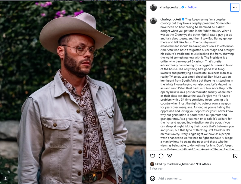 Texan singer Charley Crockett sparks backlash after criticizing Trump and tech billionaires
