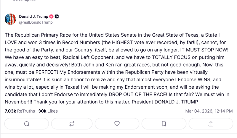 President Donald Trump thrust himself into the Texas Republican Senate runoff Wednesday, vowing to endorse one of the two finalists "soon" and declaring that whoever he does not back should immediately quit the race — a dramatic intervention that could end one of the most expensive Senate primaries in American history before its May 26 finish line.