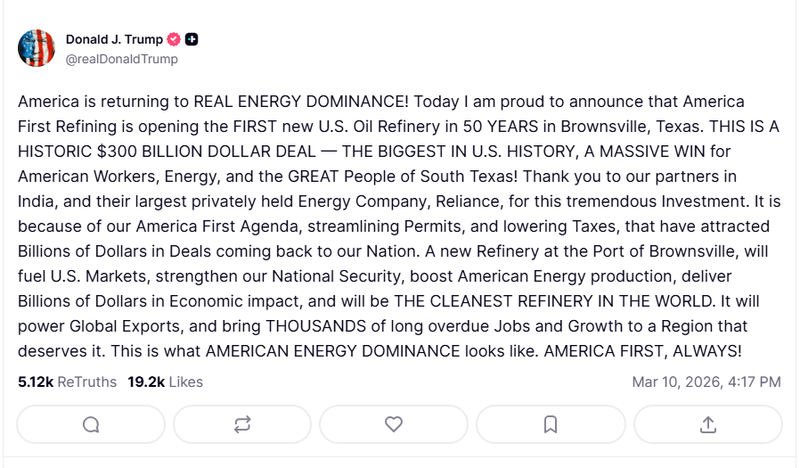 President Donald Trump announced Tuesday that the United States will build its first new oil refinery in half a century - and it's coming to South Texas.