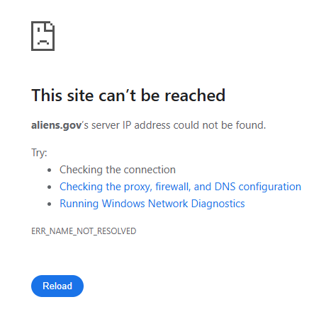 As of Thursday, aliens.gov still returned an error page.