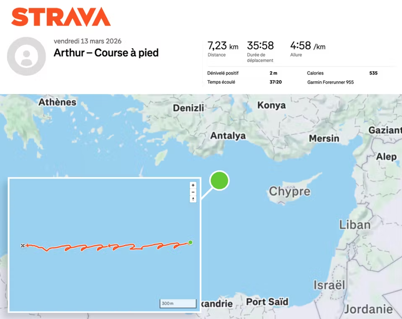 A French naval officer identified only as "Arthur" used the popular fitness app Strava to log a 7-kilometer run while circling the deck of the aircraft carrier Charles de Gaulle. Because his account was set to public, the uploaded data exposed the vessel's exact position in the eastern Mediterranean, northwest of Cyprus, in an area of ongoing regional tensions.