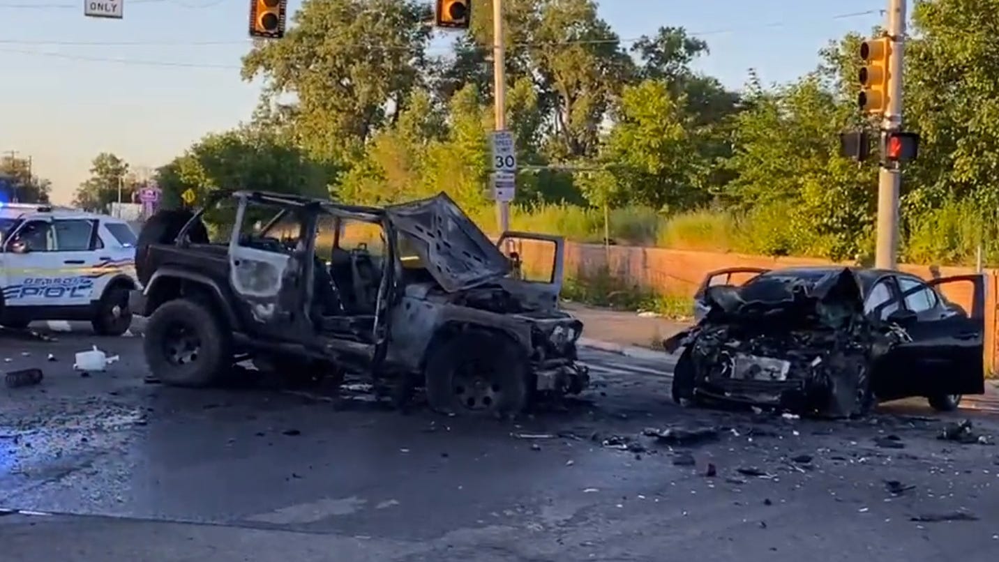 Woman arrested after fleeing fiery crash in Detroit that hospitalized one person