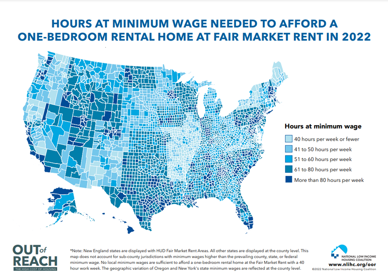 Hours at minimum wage needed to afford a one-bedroom rental home at fair market rent in 2022.