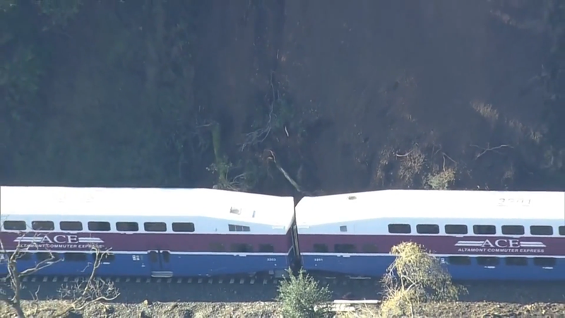 An ACE train has been stopped in Niles Canyon due to a mudslide covering the tracks.