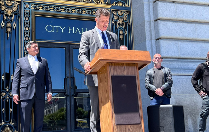 San Francisco Public Health Director Dr. Grant Colfax speaks to reporters at San Francisco City Hall on Tuesday afternoon.