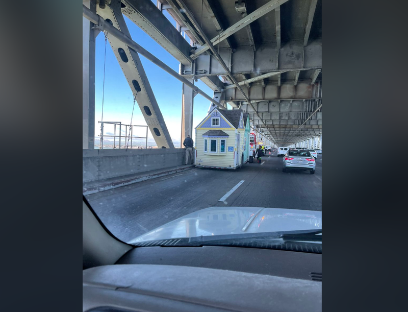 A tiny home sits on the Bay Bridge on Wednesday afternoon.
