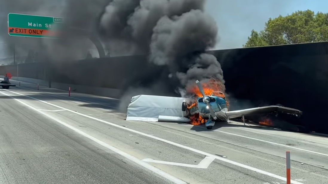 VIDEO: Single-engine plane catches fire after crashing on Southern California freeway