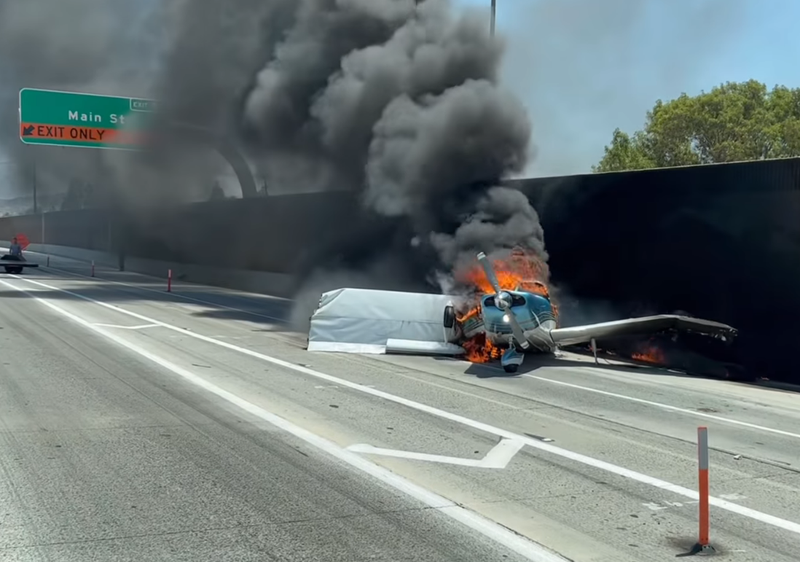 The Piper PA-32 crash landed in eastbound lanes of State Route 91 in Riverside County on Tuesday.