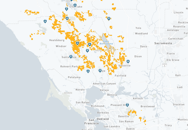 A view of areas impacted by expected power outages in the Bay Area.