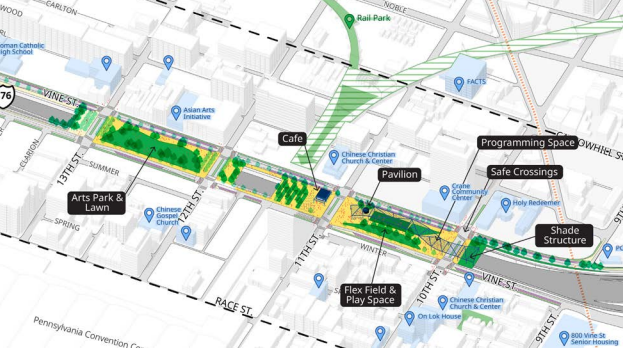 The design concept includes a two-block cap with traffic-calming and streetscape improvements.