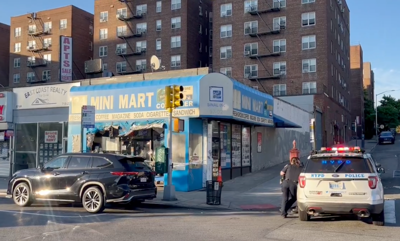 The NYPD investigates outside of the Mini Mart on Queens Boulevard in Rego Park on May 7, 2024