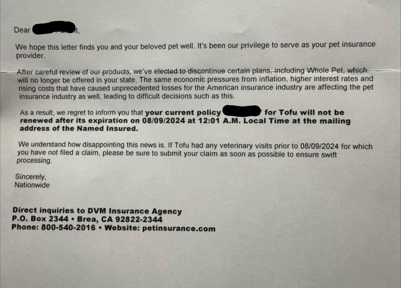 Nationwide pet insurance letter