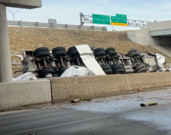 Overturned semi-truck on Merriman Road