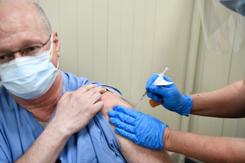 Kaleida Health doctors Shawn Covell receives first COVID-19 vaccine at hospital. December 14, 2020