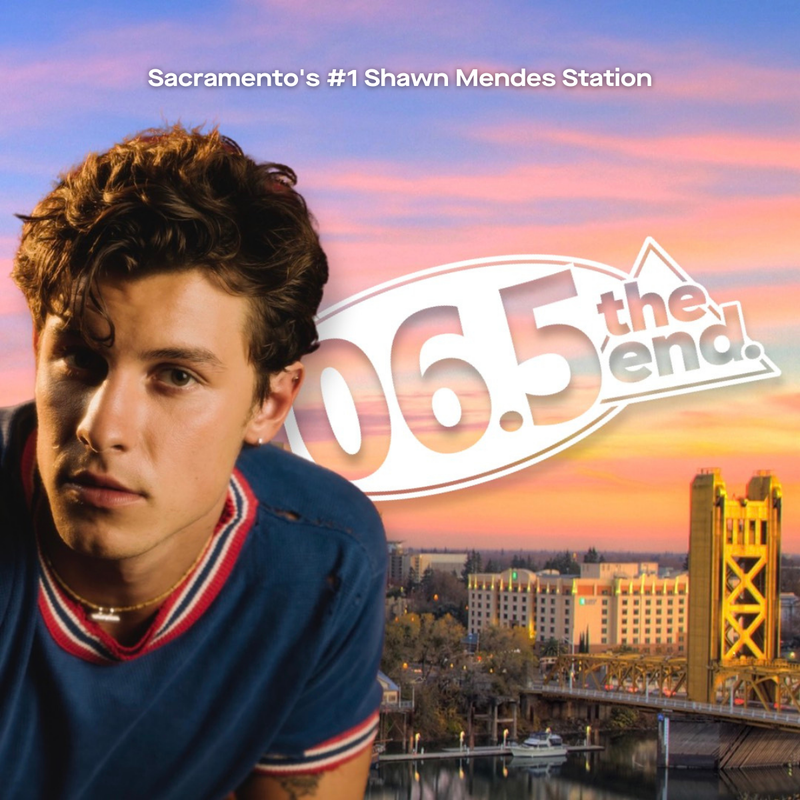 Shawn Mendes in front of 106.5 The End logo and Sacramento skyline
