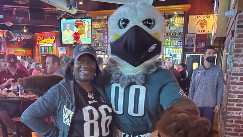 Shirley Dash and Swoop, the Eagles' mascot.