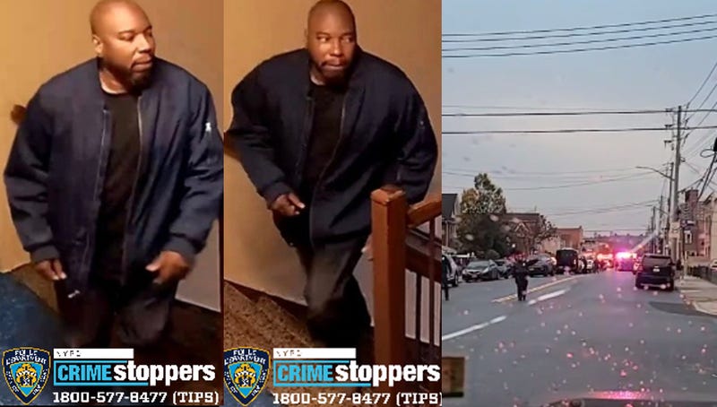 Police had been searching for Jason Pass, 47, since Sunday night's shooting in East Flatbush (left). Police at the scene of a shooting in Gravesend on Wednesday morning (right)