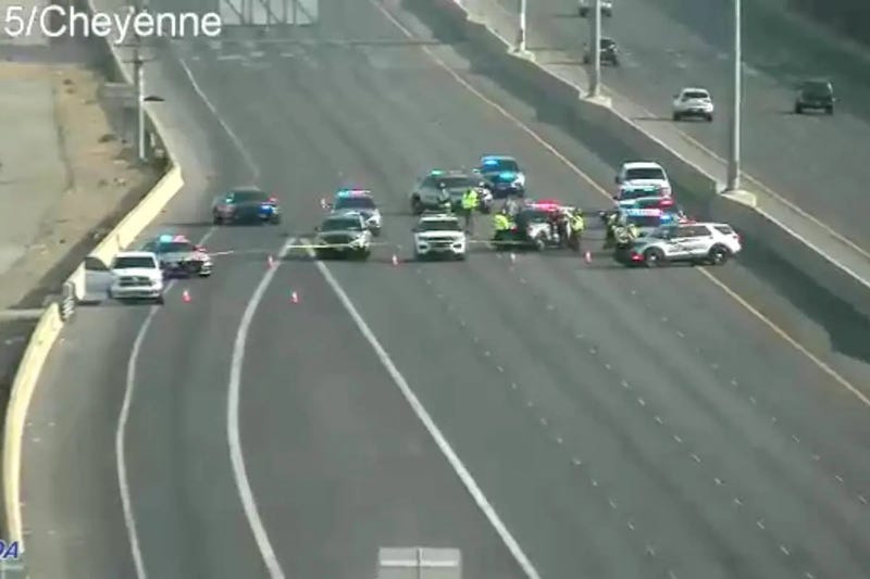 Police block lanes on 15 South and Cheyenne to investigate a shooting on March 2nd, 2025