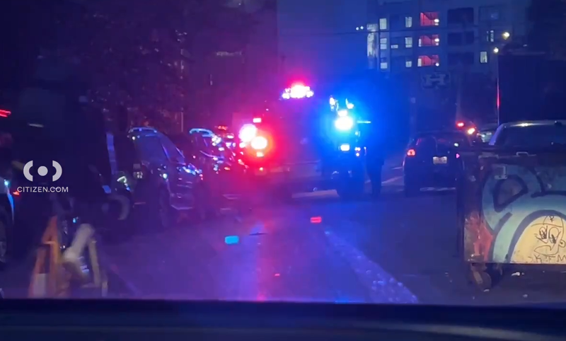 Police were seen near the station around 7 p.m. as the search for the suspect continued