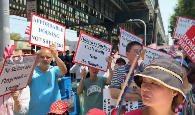 About 150 gathered in Bensonhurst, Brooklyn on Wednesday morning to protest the construction of a new homeless shelter.