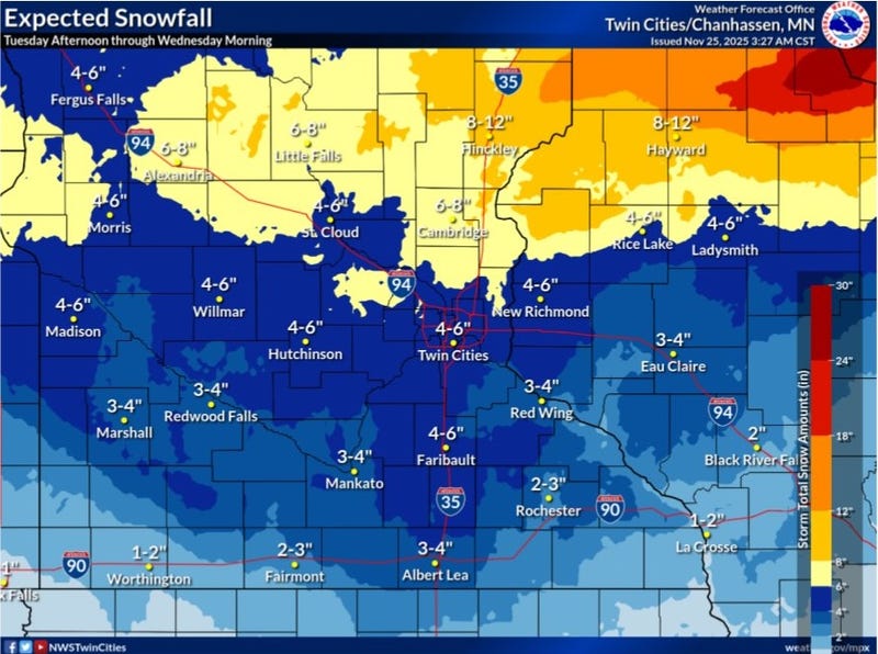 The predicted snowfall map shows 4-6 for the Twin Cities and much more in central Minnesota and western Wisconsin.