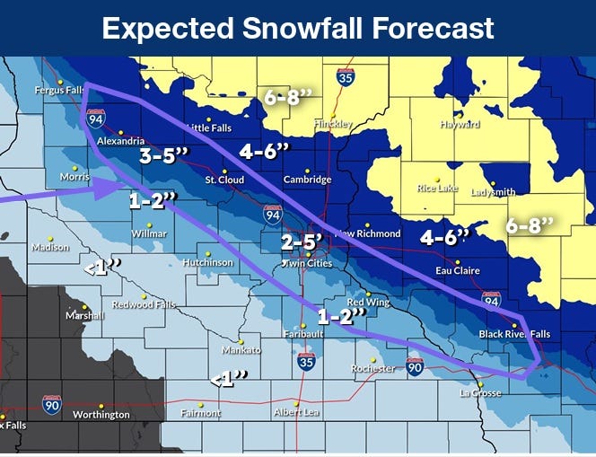 It'll be a sharp cutoff, directly over the Twin Cities, as to where the heaviest snow will fall on Tuesday and Wednesday.