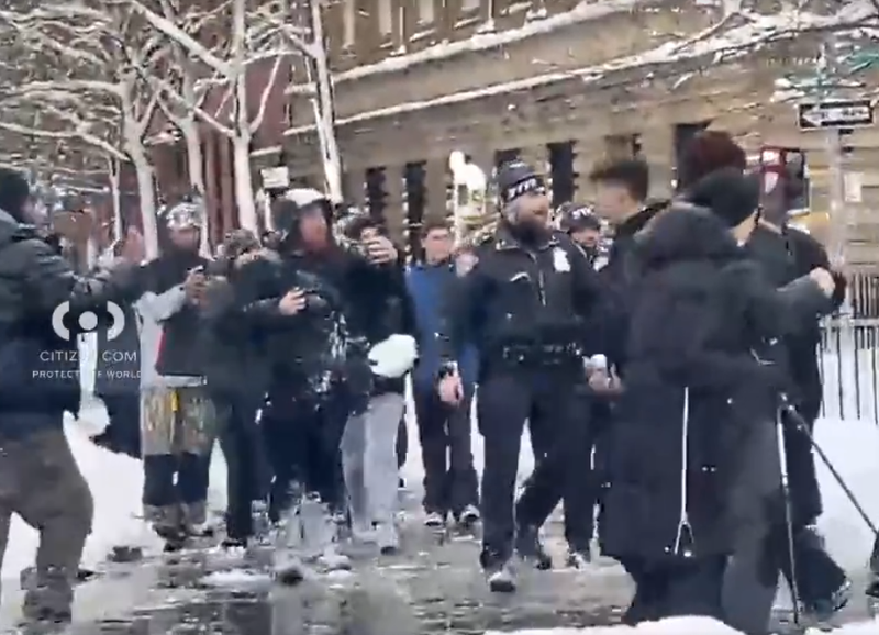 According to cops, they "intentionally struck the police officers multiple times with snow and ice in the head, neck, and face" around 4:20 p.m. Monday as a planned snowball fight was taking place