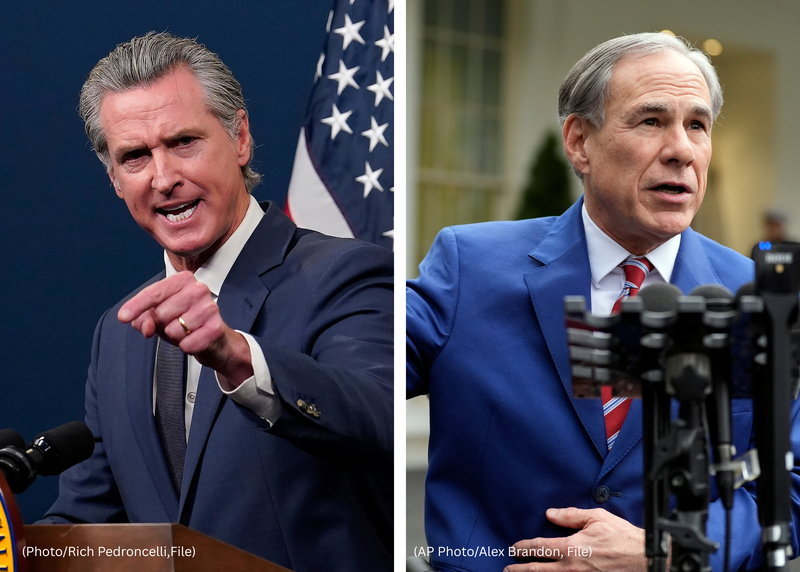 Calif. Gov. Gavin Newsom presents his revised state budget during a news conference in Sacramento, Calif., Wednesday, May 14, 2025, Texas Gov. Greg Abbott speaks to reporters outside the West Wing of the White House, Feb. 5, 2025, in Washington.