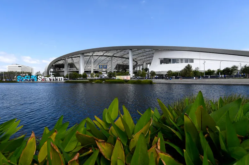 An exterior view of SoFi Stadium prior to a game between the Atlanta Falcons and Los Angeles Rams at SoFi Stadium on September 18, 2022 in Inglewood, California. 