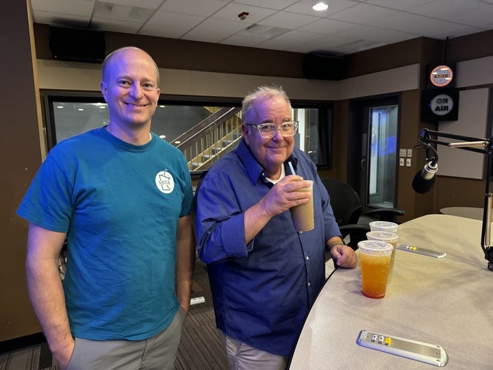 Chad Taylor of "Sota" in the WCCO studios with newsman Steve Simpson who was a big fan of "Stacy's Mom" which is a cherry-vanilla flavor mixed with Dr. Pepper and cream.