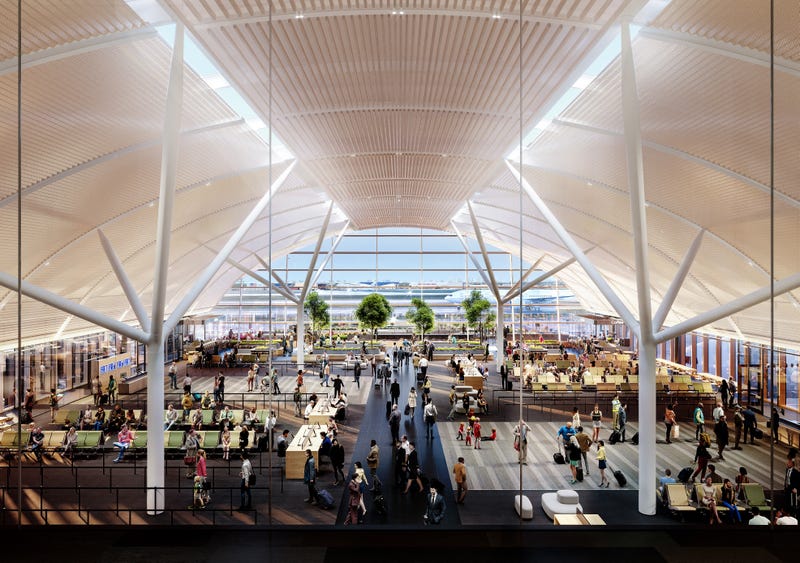 A rendering shows how an overlook of the south end of a new O'Hare Airport terminal could look. Mayor Brandon Johnson said the new concourse will add 19 new gates and is expected to create 3,800 construction jobs. 