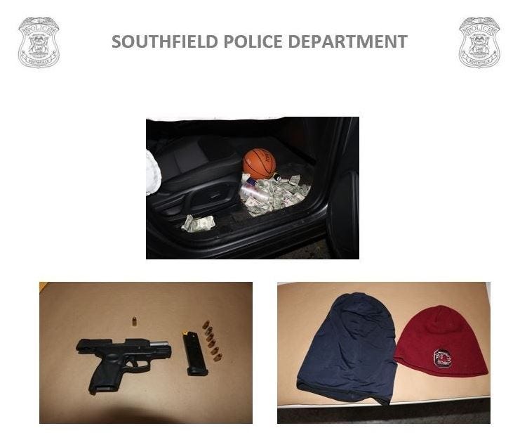Photos of stolen money, a semi-automatic weapon, a ski mask and a hat recovered from alleged robber Jamee Fahim Cole