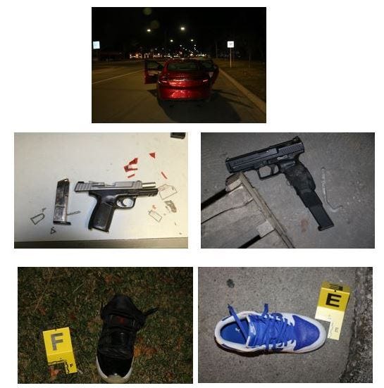 Photos from the scene of the car and foot chase. There is a picture of the red sedan the suspects were driving. Two pictures show guns that were recovered. Two pictures show tennis shoes, one black and white, one blue and white.