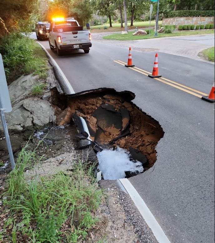 A water main break caused some pavement to collapse in Southlake, Texas on Monday, June 17, 2024.