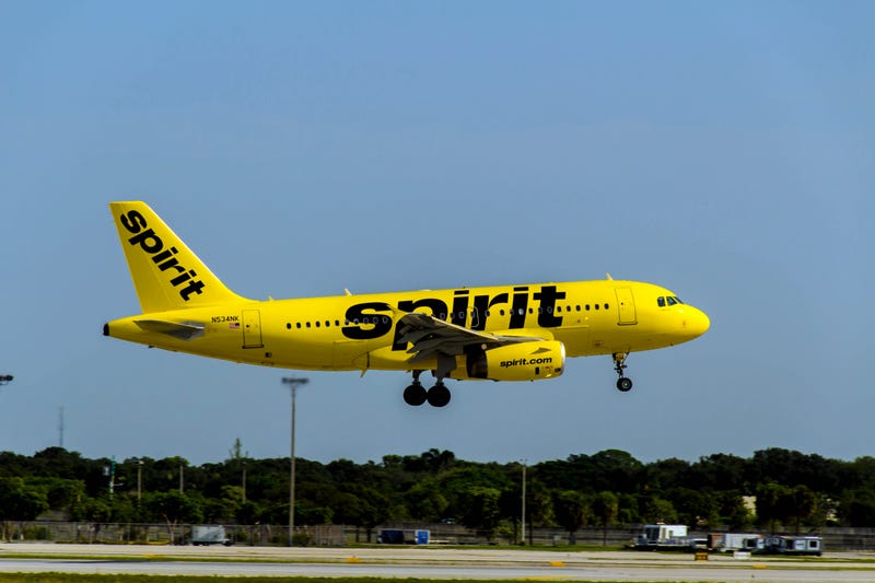 A Spirit Airlines plane comes in for a landing