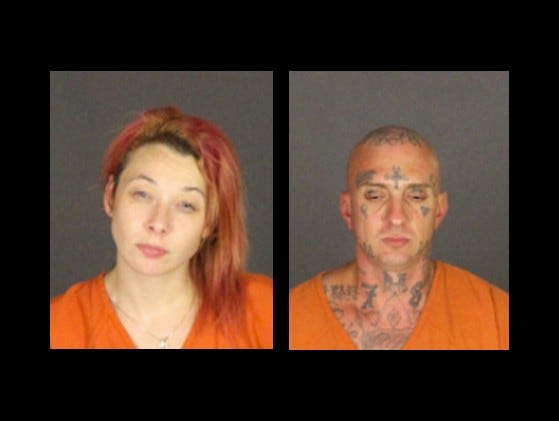Mugshots of Kathryn Aboussouan, left, and Cory Leich