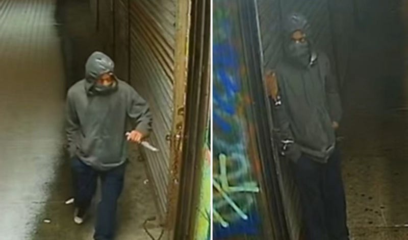 Jermain Rigueur is believed to be the man seen holding a knife in this surveillance video from an attack in Springfield Gardens